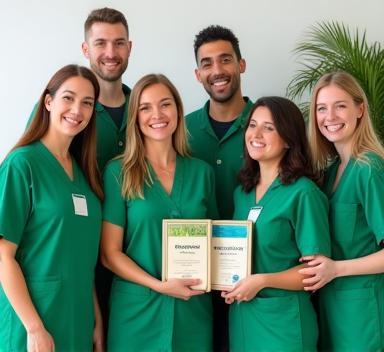 Equipe de limpeza reunida com certificações ecológicas